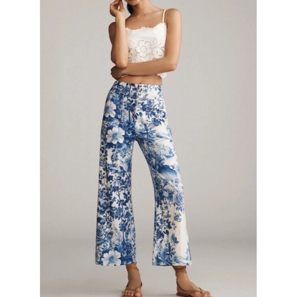 Anthropologie The Colette Crop LINEN Pants Wide Leg Maeve Blue Floral SZ 29